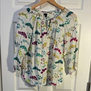Talbots White Peasant Blouse with Multicolor Floral Motif